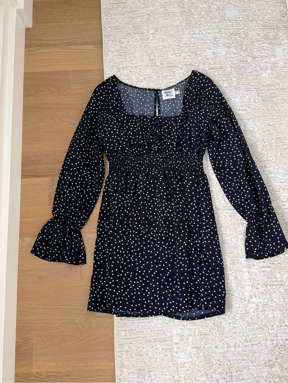 Princess Polly Navy Blue Polka Dot Smocked Waist Dress
